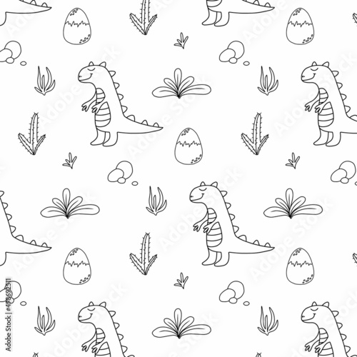 Childish seamless pattern with dinosaurs. Hand-drawn pattern with cute dino. Vector illustration. The pattern is suitable for fabrics, wrapping paper and prints. Doodle style.