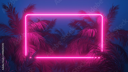 Retrowave Tropical Scene Palms and Glowing Frame 3d render photo
