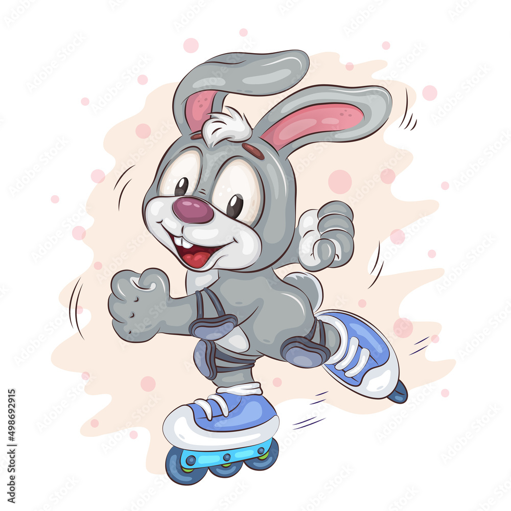 Cartoon Bunny Rollerblading_ Joyful cartoon rabbit is roller skating