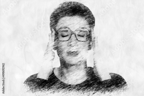 woman with eyes closed in pencil drawing style