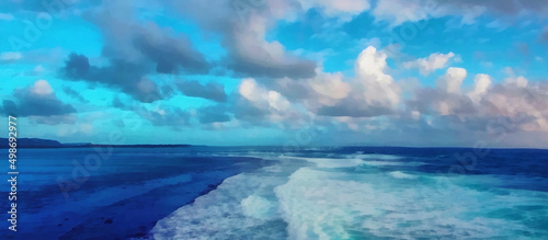 Fototapeta Naklejka Na Ścianę i Meble -  Clouds over the blue sea, panoramic view, artwork on the theme of nature