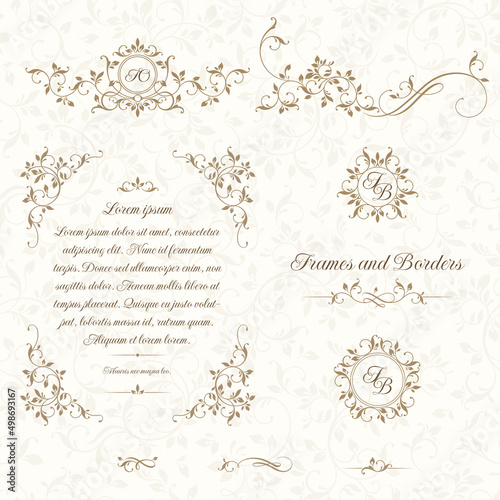 Classical floral elements. Decorative vector monograms and borders, seamless pattern.
