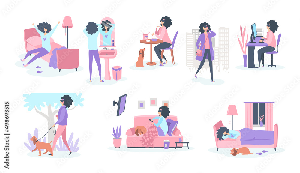 Set the routine life of a woman at home and at work. Vector flat illustration isolated on white background.