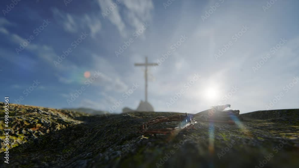 Crucifixion of Jesus Christ with thorn crown, nails, hammer and a rope ...
