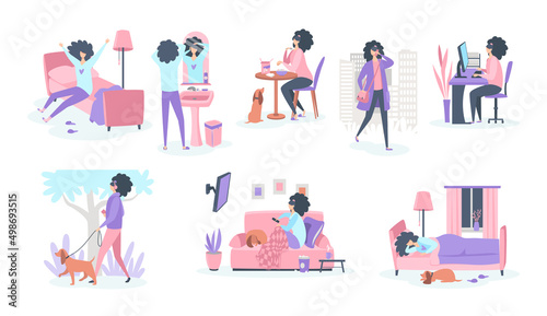 Set the routine life of a woman at home and at work. Vector flat illustration isolated on white background.