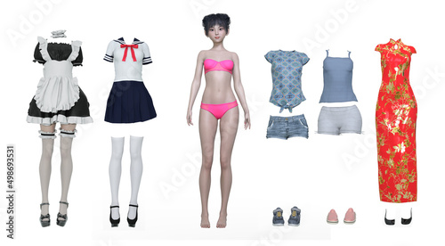 3D render : kawaii Paper doll of the girl with different various outfits. Modern, casual, stylish, fashionable clothing for young girl photo