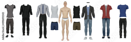 3D render : Paper doll of the Man with different various outfits. Modern, casual, stylish, fashionable clothing for young man photo