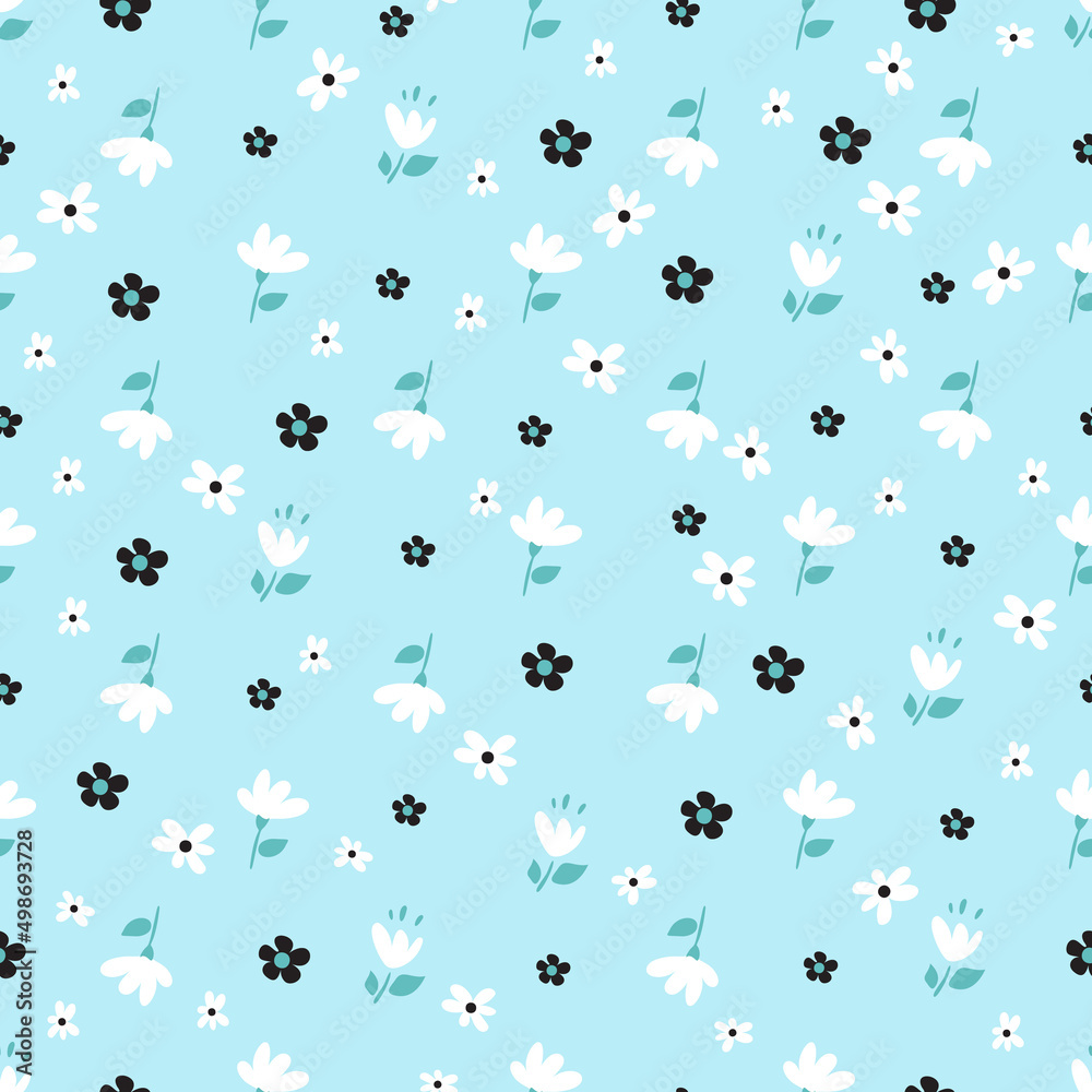 Modern floral pattern, flowers, feathers and birds in blue and light colors. Seamless pattern. Modern design for paper, cover, fabric, decor, print. On an isolated white background pastel colors