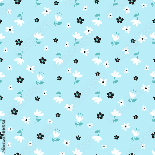 Modern floral pattern, flowers, feathers and birds in blue and light colors. Seamless pattern. Modern design for paper, cover, fabric, decor, print. On an isolated white background pastel colors © Елена Дымова