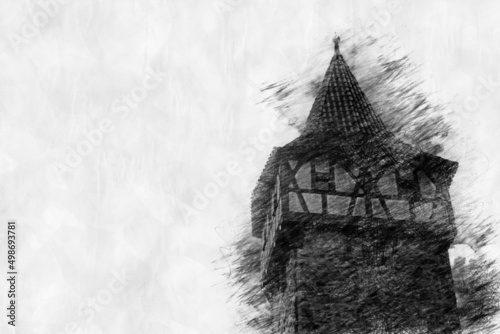 old medieval tower in a pencil drawing style