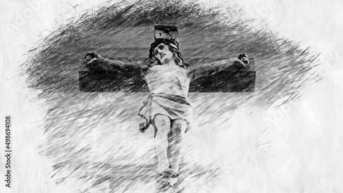 cross with Jesus in pencil drawing style