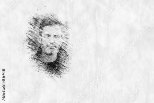 portrait of man with eyes closed in pencil drawing style