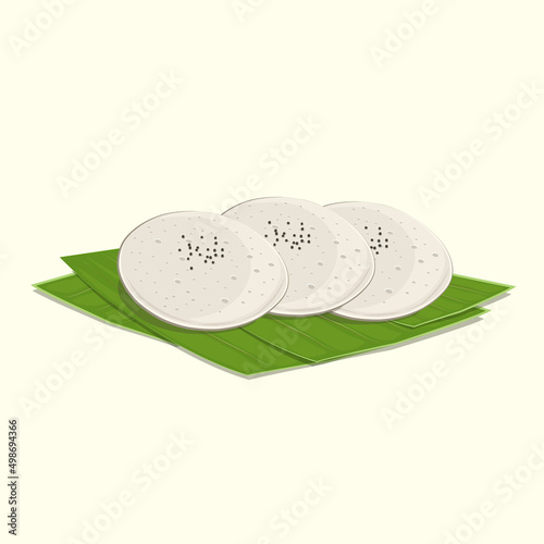 Set of there Idlis South Indian food vector illustration with green banana leaves