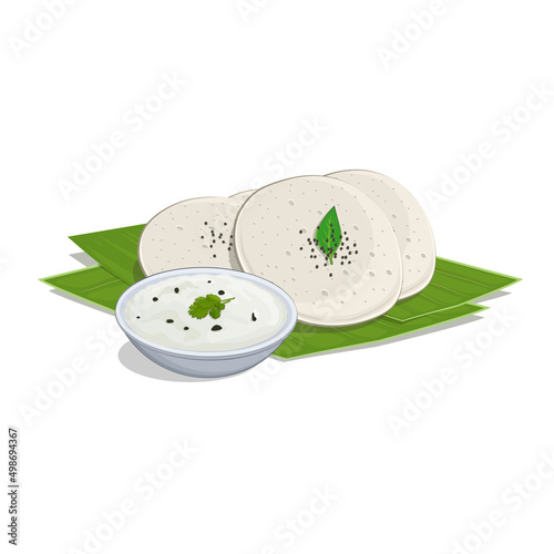 South Indian food Idli with coconut chutney vector illustration with green banana leaves