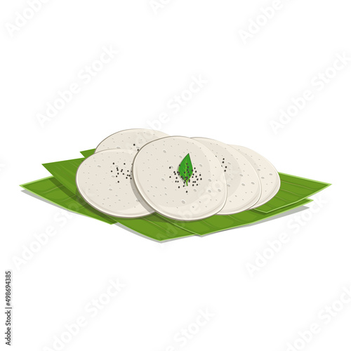 South Indian food idlies vector illustration with green leaves isolated on white background