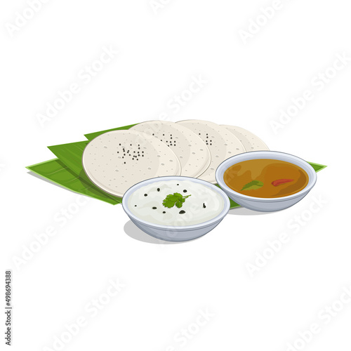 Idli and Sambhar South Indian food vector illustration with coconut chutney