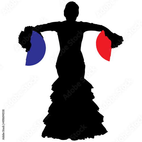 Black silhouette of flamenco dancer in beautiful dress with two fans in her hands