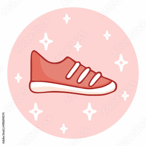 Cute hand-drawn sports sneakers in doodle cartoon style. Round composition in neutral candy colors. Kawaii element for card, social media banner, sticker, decoration kids playroom. Vector illustration
