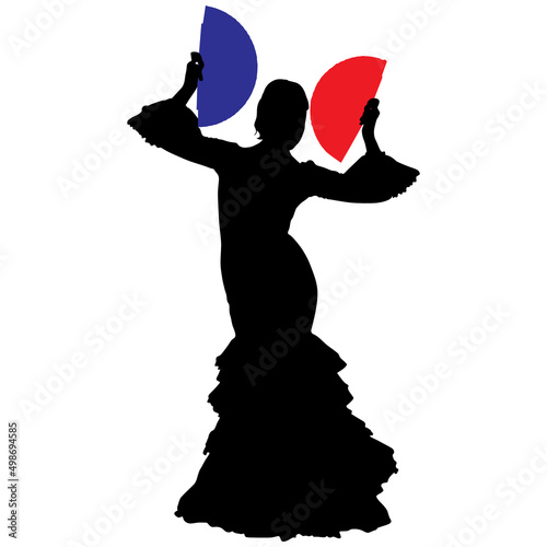 Black silhouette of flamenco dancer in beautiful dress with two fans in her hands