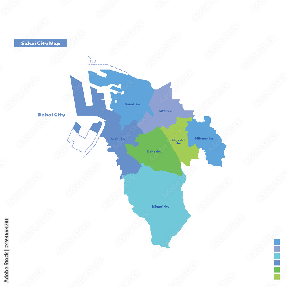Obraz premium 堺市行政区・堺市地図 雨の日カラーで色分けしてみた（英語版）