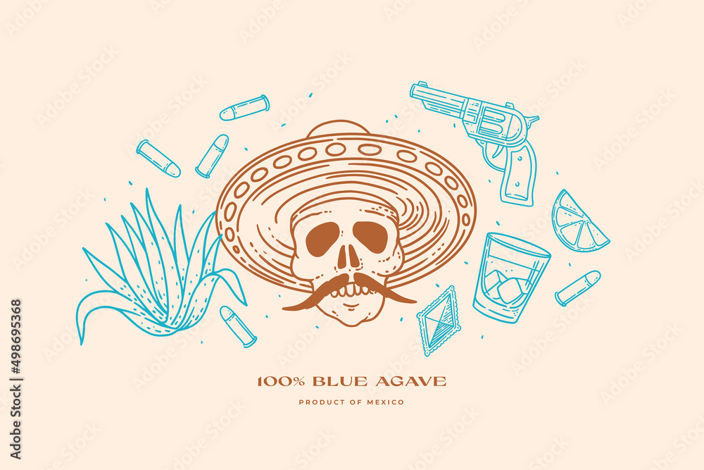 Set of traditional mexican symbols in linear style. Drawn skull with mustache in sombrero hat, revolver, bullets, agave, glass of tequila, lime wedge. Vector illustration on isolated background. Set of traditional mexican symbols in linear style. Drawn skull with mustache in sombrero hat, revolver, bullets, agave, glass of tequila, lime wedge. Vector illustration on isolated background.