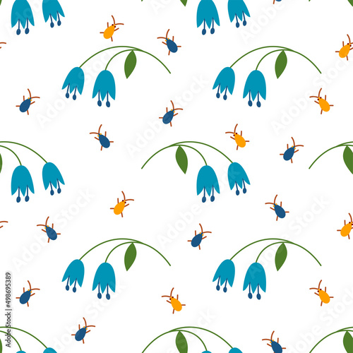 Seamless pattern with bluebells and bugs. For childish design. Vector illustration.
