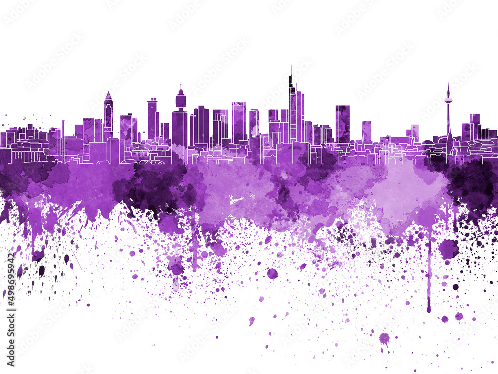 Frankfurt skyline in purple watercolor on white background