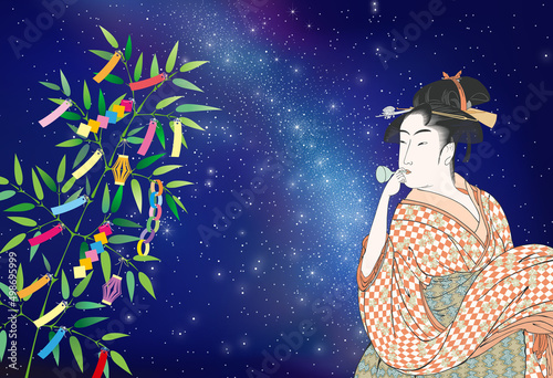 ポッピンを吹く女　ビードロを吹く娘　七夕　天の川