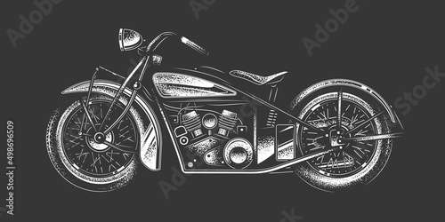 Original monochrome vector illustration in retro style on a black background. An American custom-made motorcycle. T-shirt design