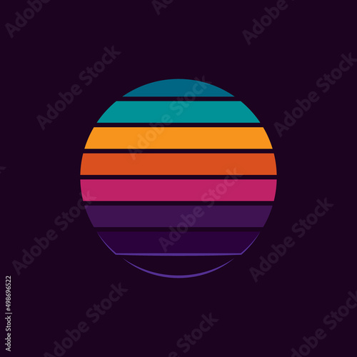 Original vector illustration of a striped neon retro sunset in the style of the 80s. A design element.