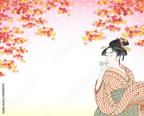 ポッピンを吹く女　ビードロを吹く娘　紅葉