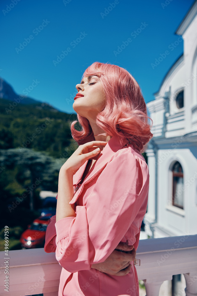 glamorous woman Vintage fashion pink hair posing summer unaltered
