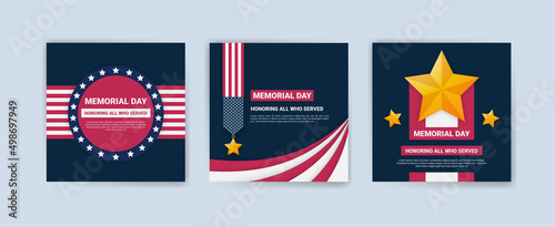 Memorial day greeting card displayed with the national flag of the United States of America. Social media templates for memorial day.