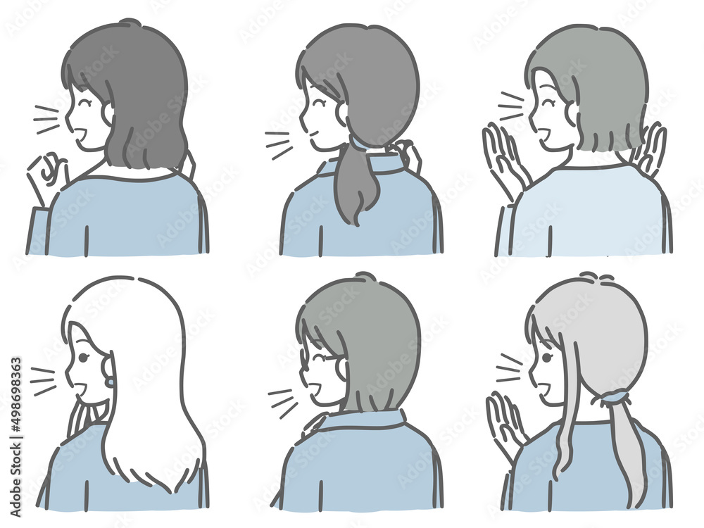 喜ぶ若い女性の斜め後ろ向き上半身セット(私服) 喜ぶ若い女性の斜め後ろ向き上半身セット(私服)