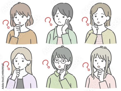 疑問に思う若い女性の斜め向き上半身セット（私服）