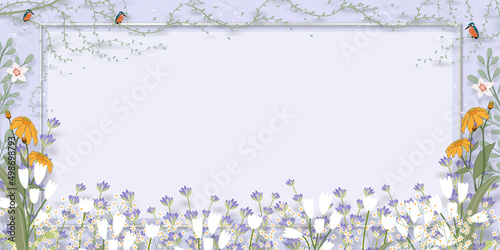 Spring background with violet lavender flower border on purple wall background, Vector illustration horizontal backdrop of blooming flora frame with bird,Holiday banner for Springtime or Summer sale