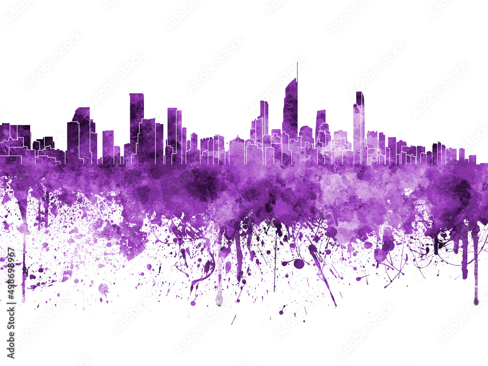 Gold Coast skyline in purple watercolor on white background Gold Coast skyline in purple watercolor on white background