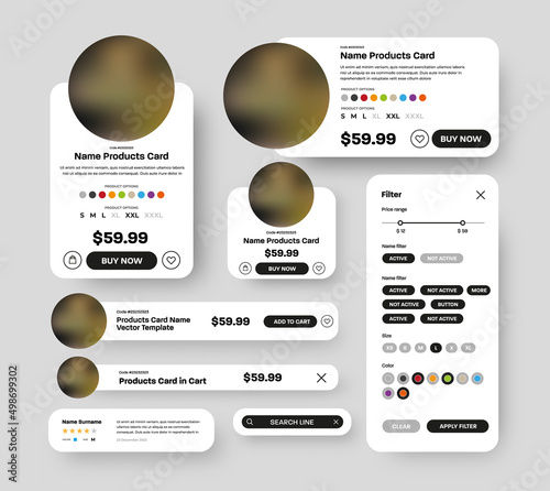 Set of vector product UI cards with round elements for photos of mobile app stores.