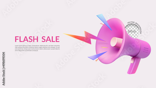 Flash Sale background, 3D pink megaphone with lightning, Vector illustration
