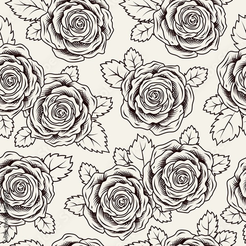 Seamless pattern with lush blooming vintage roses with leaves on dark background. Monochrome vector illustration, black on white. Engraving style