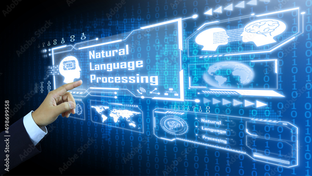 hand reach out to activate the virtual screen containing information of natural language processing or NLP world map and binary background in blue tone of technology. Commanding from the brain to AI. hand reach out to activate the virtual screen containing information of natural language processing or NLP world map and binary background in blue tone of technology. Commanding from the brain to AI.