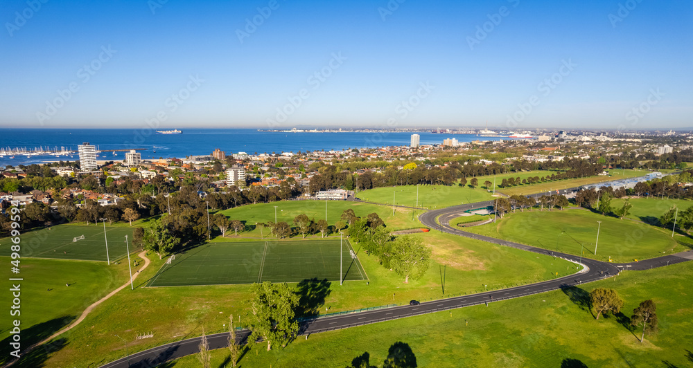 Aerial view of Albert Park.  Melbourne city skyline, Australia.