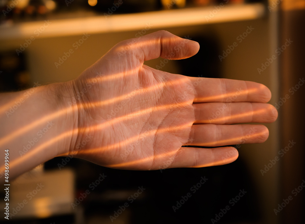 Man's hand at sunset with light from the sun.