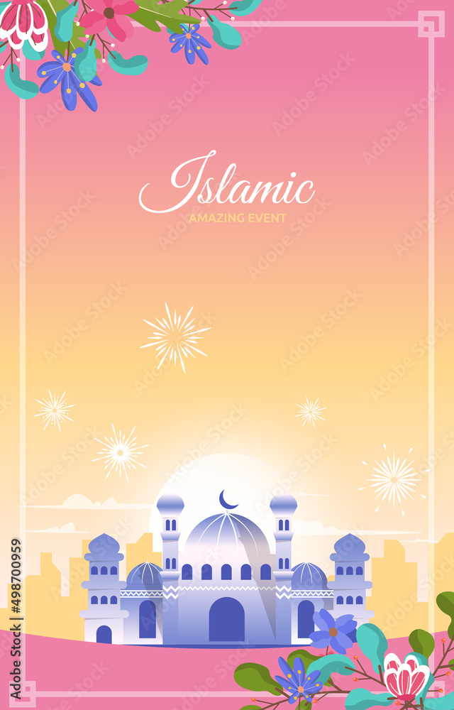 Beautiful Islamic Event Greeting Card Mosque Sky Vector Design Template