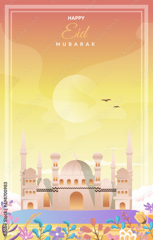 Eid Mubarak Greeting Card Mosque Night Sky Vector Design Template Eid Mubarak Greeting Card Mosque Night Sky Vector Design Template