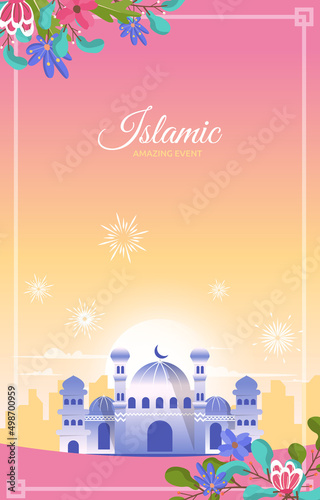 Beautiful Islamic Event Greeting Card Mosque Sky Vector Design Template