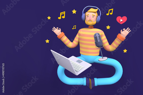 Podcast concept. Cartoon guy in meditation pose listening and recording audio podcast. Mass media broadcasting trendy 3d illustration.