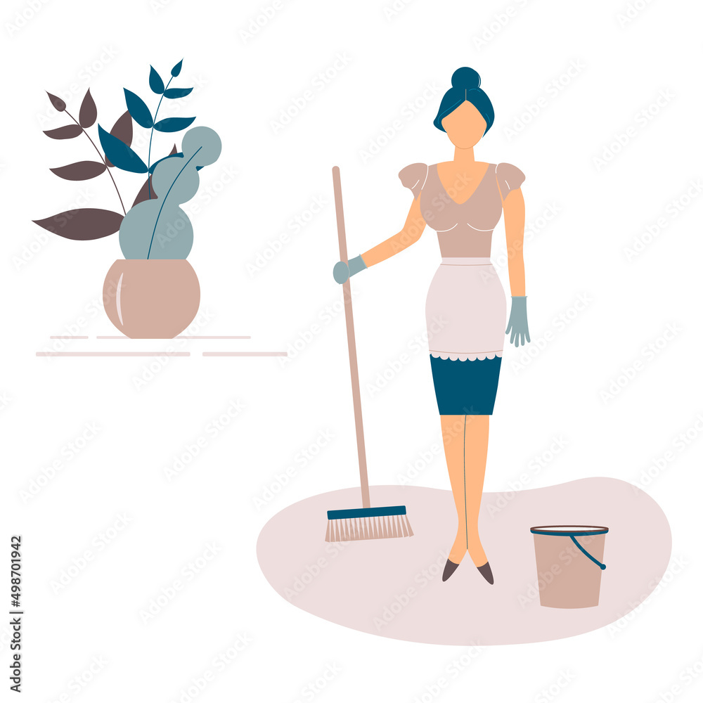 Fototapeta premium Cleaner woman or girl with sweeping brush and bucket.Cute maid near vase with beautiful leaves and branches.Raster illustration.For cleaning services ad,logo for cleaning company,leaflets,flyers