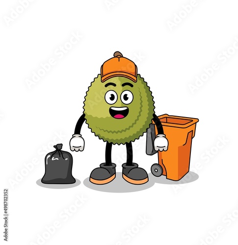 Illustration of durian fruit cartoon as a garbage collector