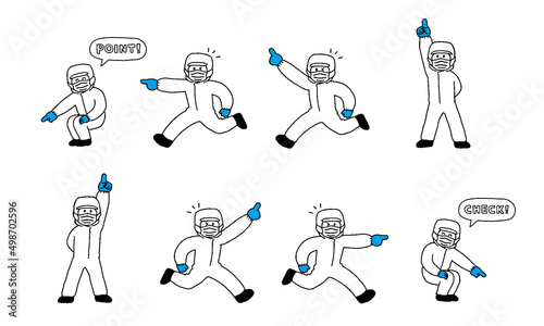 指差す白い作業着姿の作業員イラストセット
